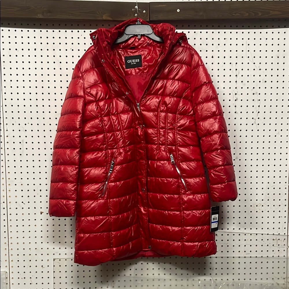 Guess Red Puffer Jacket with Hood and Quilted Design